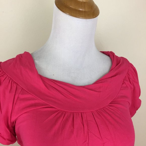 BCBGMAXAZRIA Dark Pink Twisted Round Collar Short Sleeve Banded Hem Shirt - Picture 5 of 8